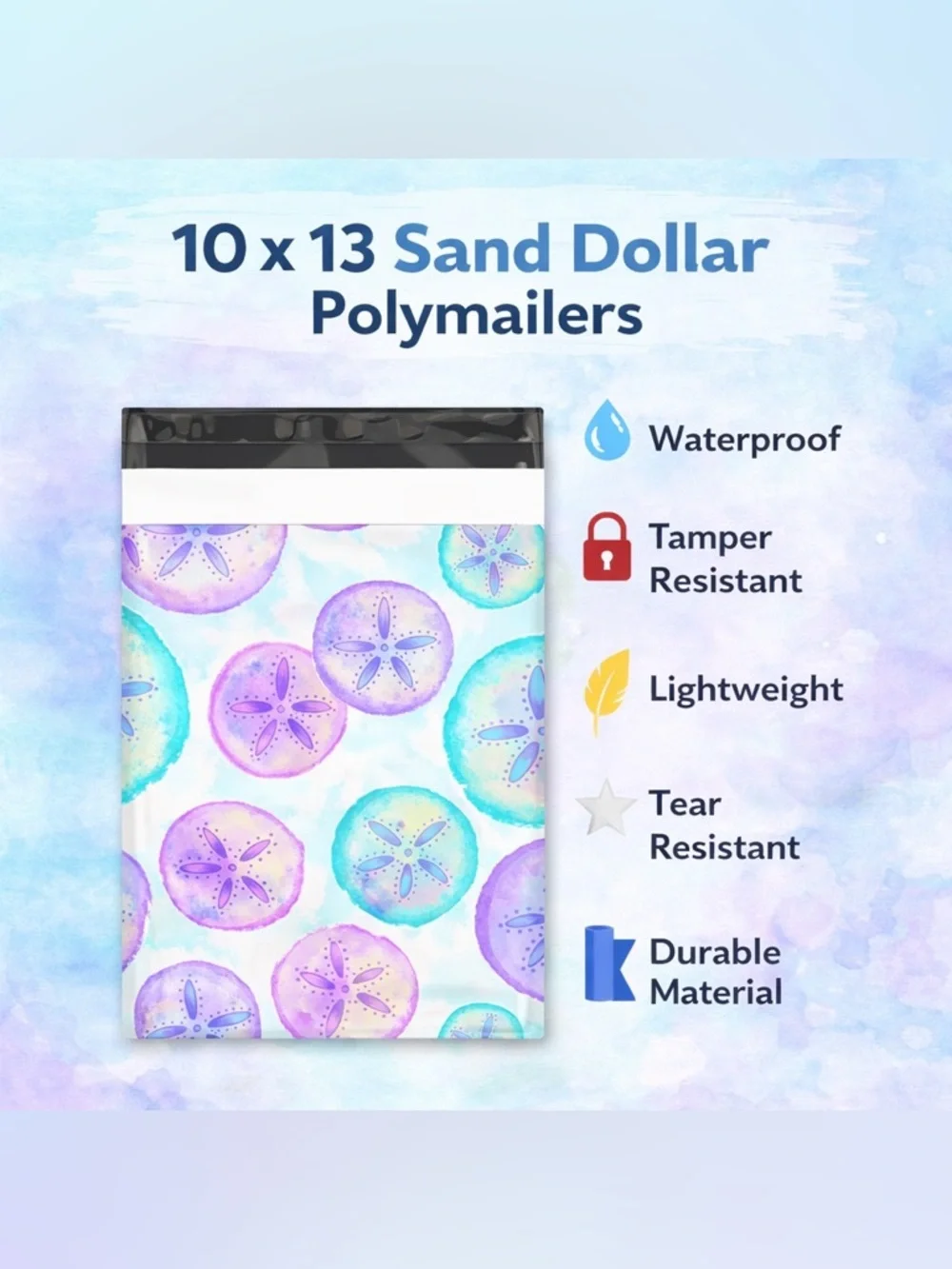 25 Watercolor Sand Dollar Polymailers 10x13 Pastel Beach Shipping Bags Boutique